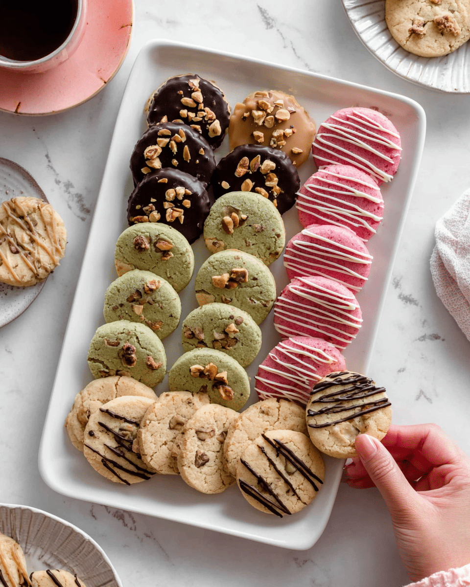 A white rectangular plate shows five different types of round cookies arranged in rows. The top row has sand-colored cookies half covered in dark chocolate and caramel with chopped nuts on top. The second row features bright pink cookies with white drizzle lines. The third row has light green cookies, some half coated in dark chocolate. Below them are light beige cookies with dark stripes and irregular dark specks. At the bottom are light brown cookies with small nut pieces inside. A woman's hand is holding one cookie at the plate's edge. The plate sits on a white marbled surface with a pink cup of coffee and another white round plate of cookies nearby. photo taken with an iphone --ar 4:5 --v 7