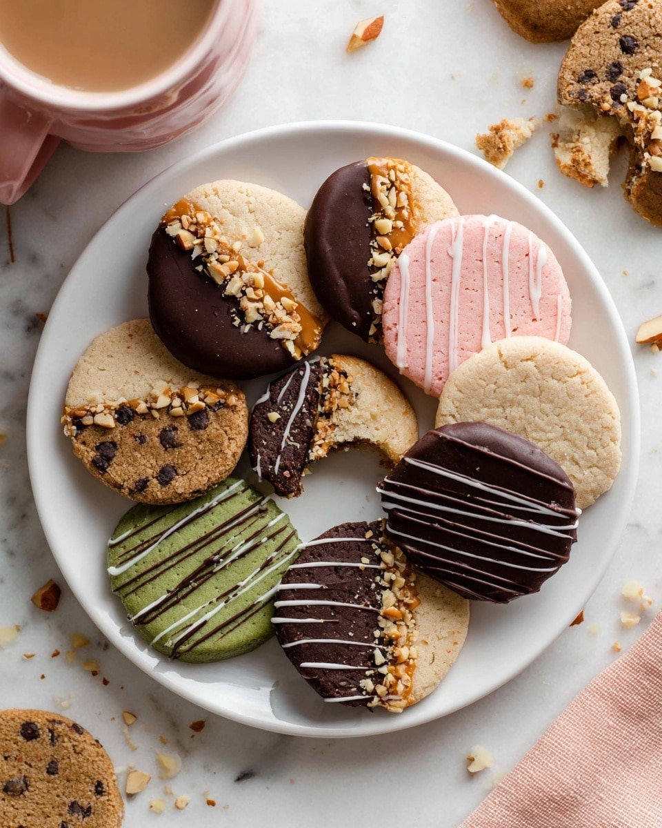A white plate holds seven cookies arranged in a circle, each with different colors and decorations. Starting from the top left, a light beige cookie is half dipped in dark chocolate with caramel and sprinkled with chopped nuts on top. Next to it, a pink cookie is decorated with white icing lines across the surface. Below it, another light beige cookie is half dipped in dark chocolate with caramel and topped with chopped nuts. In the center, a beige and black cookie drizzled with dark and white chocolate lines sits. On the bottom left, a green cookie with chocolate bits is half dipped in dark chocolate with a bite taken out. To the right, a light brown cookie has a grainy texture with visible nut pieces. The cookies rest on a white marbled surface with some crumbs scattered around. A pink cup of coffee is partially visible in the top left corner. photo taken with an iphone --ar 4:5 --v 7