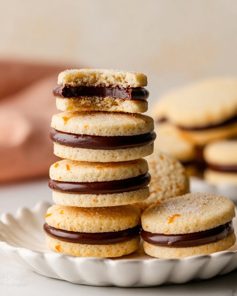 A stack of six small sandwich cookies is shown close-up on a ruffled white plate placed on a white marbled surface. Each cookie has two pale beige soft biscuits with a slightly crumbly texture and tiny orange specks, sandwiching a smooth, thick, dark chocolate filling layer. The top cookie has a bite taken out, revealing the soft biscuit’s inside and slightly crumbly texture. To the right of the stack, three more cookies lay flat, showing the same two-layer biscuit and chocolate filling structure. The overall look is warm and inviting with a soft focus creamy background. photo taken with an iphone --ar 4:5 --v 7
