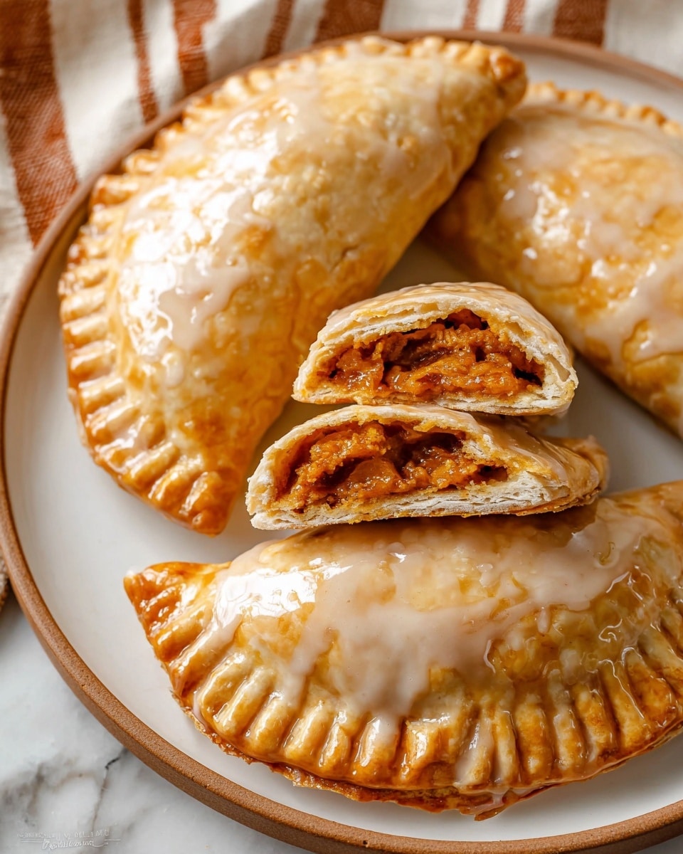 The image shows a close-up of three golden-brown empanadas with a shiny, light beige glaze on top, resting on a white plate with a light brown edge. One empanada is cut in half and placed on top, revealing a thick, orange-brown filling inside, with a flaky and layered crust around it. The edges of the empanadas are crimped in a ridged pattern, showing a textured and slightly crispy crust beneath the glossy glaze. The background surface is a white marbled texture with a brown and white striped cloth partially visible on the top left. Photo taken with an iphone --ar 4:5 --v 7