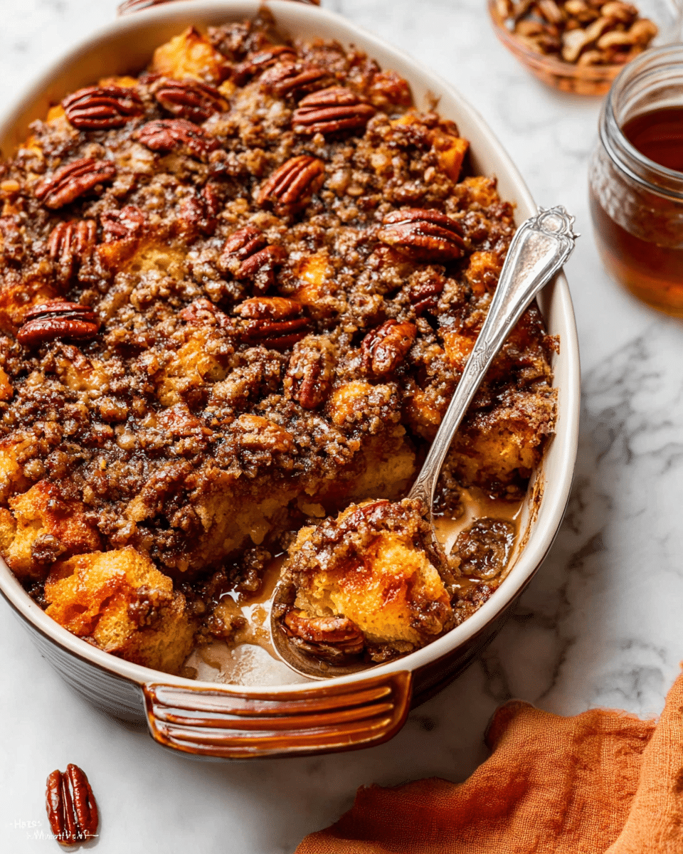 The dish is a baked casserole in a white ceramic dish with a brown handle edge. The top layer is made of golden-brown chunks of bread or cake that look soft and slightly crispy. Over this is a thick crumbly layer of brown sugar and cinnamon mixture with pecan halves scattered unevenly, giving a textured look with both crunchy nuts and soft streusel. The pecans are a deep reddish-brown, and the crumb topping has a rough, grainy texture that glistens with syrup or melted butter. A silver spoon is partially in the casserole, lifting some of the layers to show the moist inside. The dish is placed on a white marbled surface with a soft orange cloth nearby and a small glass jar to the side. photo taken with an iphone --ar 4:5 --v 7
