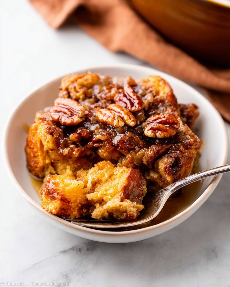 A white bowl holds a warm layered bread pudding with a golden-brown and slightly crispy top layer covered with glossy caramelized pecans and sauce. The inside layer is soft and moist with chunks of bread soaked in a rich mixture, showing a mix of light yellow and brown textures. A silver fork rests inside the bowl, slightly scooping up a piece with visible bread and pecans covered in shiny syrup. The bowl sits on a white marbled surface, with a soft brown cloth blurred in the background. photo taken with an iphone --ar 4:5 --v 7