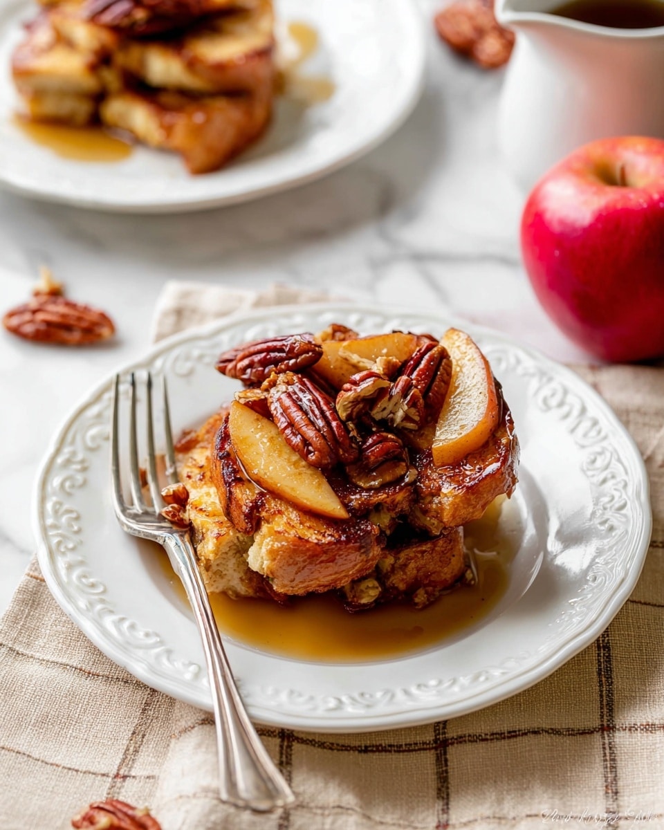 A close-up of a single serving of French toast on a white plate with a decorative edge, showing three layers: the bottom layer is thick slices of toasted bread with a golden brown crisp edge, the middle layer has sautéed apple slices with a soft texture and light brown cinnamon coating, and the top layer is glossy pecan halves with a sticky syrup coating dripping slightly down the sides. To the left of the plate is a silver fork, and the plate sits on a white marbled surface with a beige checkered cloth underneath. In the background, there's a second plate with another serving and a red apple next to it, along with a small white pitcher filled with syrup. photo taken with an iphone --ar 4:5 --v 7
