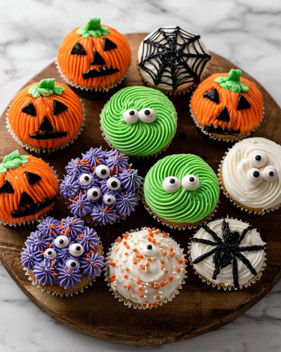 A round wooden board holds a group of twelve Halloween cupcakes with four different designs. Three cupcakes have a thick layer of bright orange frosting shaped like pumpkins, each topped with a small green stem and decorated with black icing faces showing triangle eyes and zigzag mouths. Three cupcakes show a neat swirl of green frosting, each with a single white and black candy eyeball on top. Three cupcakes are covered with purple star-shaped piped frosting, decorated with multiple small white candy eyeballs and tiny orange and green sprinkles scattered around. The last three cupcakes have smooth white frosting, each topped with a black spider made from icing on a finely piped spiderweb design. The scene is set on a white marbled surface. Photo taken with an iphone --ar 4:5 --v 7