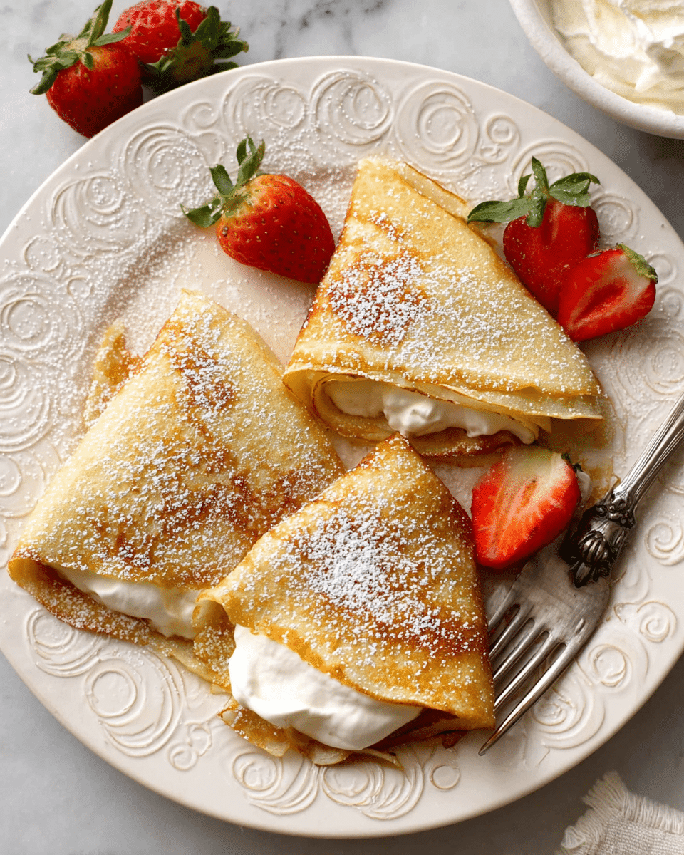 Three thin, golden-brown crepes are folded into quarters and placed on a white plate with a decorative swirl pattern. Each crepe is filled with a thick layer of white whipped cream visible at the edges. The crepes are lightly dusted with powdered sugar, adding a soft white coating on top. Around the crepes, there are several fresh strawberries—one whole and three cut in half, showing their bright red interior and green leaves. A silver fork rests on the right side of the plate, partly under one crepe. The background shows a white marbled texture and a bowl of whipped cream is partially visible in the top right corner. photo taken with an iphone --ar 4:5 --v 7