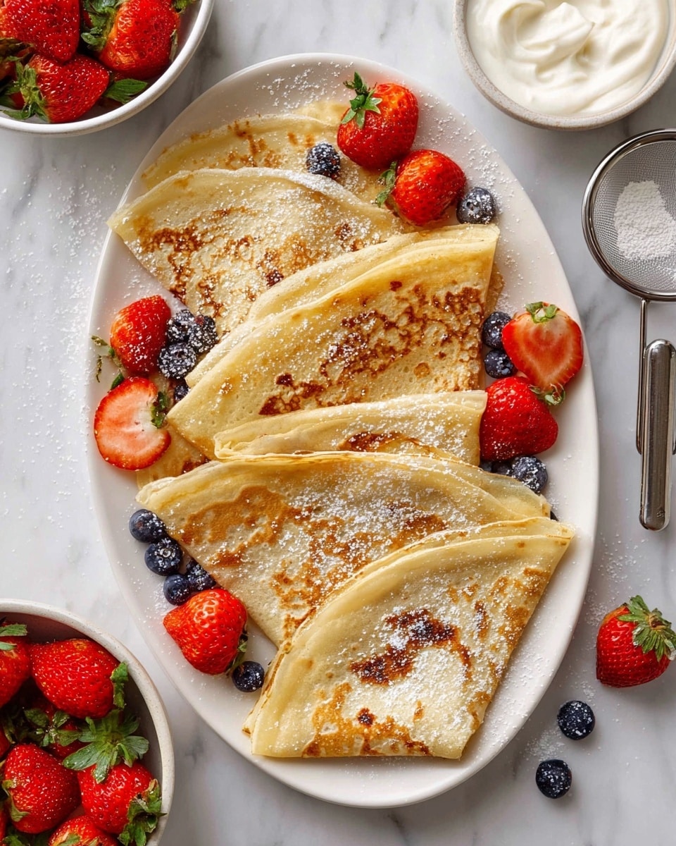 A white oval plate holds seven thin golden-brown crepes folded into quarters, arranged in a neat overlapping pattern. Each crepe shows a slightly bubble-textured surface with darker toasted spots and a light dusting of powdered sugar. Scattered on and around the crepes are fresh strawberries, some whole with green tops, some halved showing bright red flesh, along with plump blueberries adding deep blue contrast. The plate is set on a white marbled surface with a bowl of strawberries to the top left and a bowl of white cream to the top right, along with a small sieve and a bowl with leftover powdered sugar nearby. photo taken with an iphone --ar 4:5 --v 7