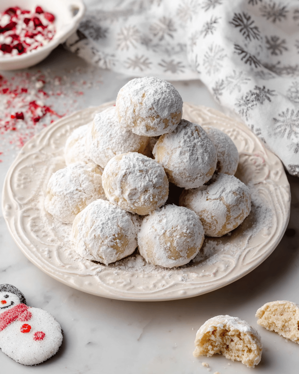 A stack of round snowball cookies covered in white powdered sugar fill a white plate with ornate raised designs around the edge. The cookies are pale beige underneath the sugar, and the texture looks soft and crumbly. Around the plate, there are a few broken cookies showing a crumbly light beige inside. The plate sits on a white marbled surface next to a white cloth with gray snowflake patterns and a white dish with red and white sugar sprinkles. A small white item with a snowman design is also visible in the corner. photo taken with an iphone --ar 4:5 --v 7