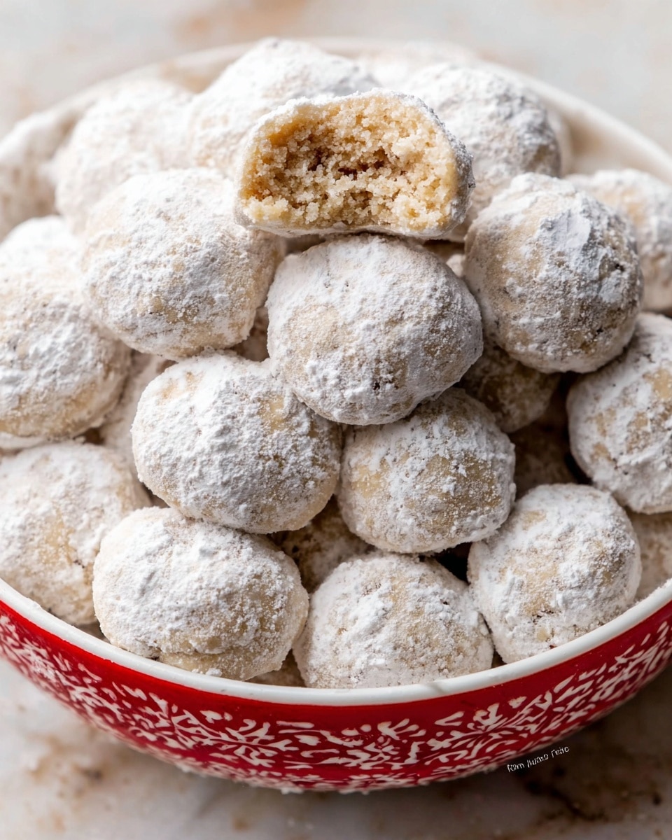 The image shows a white bowl with red patterns filled with small, round cookies covered in powdered sugar, creating a soft white layer on top. The cookies have a light golden brown color peeking through under the sugar. One cookie is broken in half and placed near the top center, revealing a crumbly and soft interior with a beige color. The cookies are piled closely together, filling the bowl fully. The background surface is a white marbled texture. photo taken with an iphone --ar 4:5 --v 7