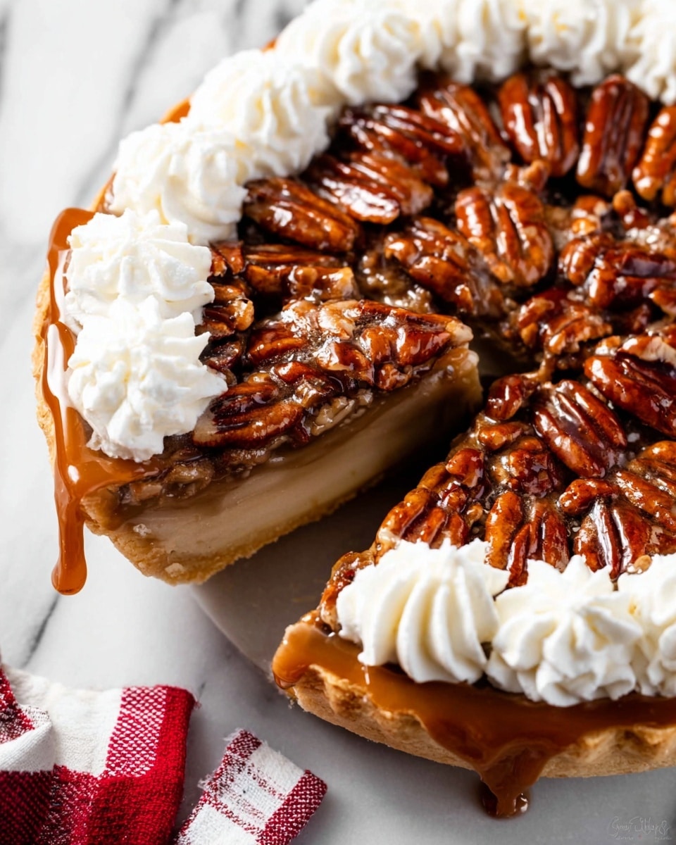 The image shows a pecan pie with a golden-brown crust base. The next layer is a smooth, caramel-colored filling topped with a thick, glossy layer of whole pecans coated in a rich, shiny syrup. Around the edge of the pie is a ring of white whipped cream dollops with a soft, swirled texture. One slice is slightly lifted, revealing the layers clearly, with the sticky pecans and syrup dripping slightly. The pie is placed on a white marbled surface with a small part of a red and white cloth visible near it. photo taken with an iphone --ar 4:5 --v 7