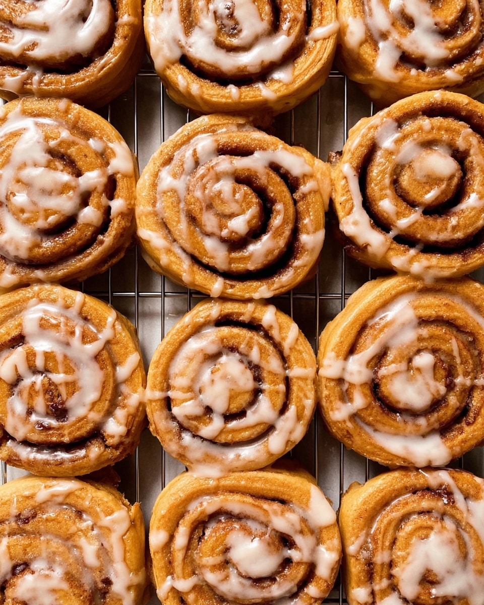 A close-up view of many freshly baked cinnamon rolls arranged tightly side by side on a cooling rack, each roll showing three to four visible spiral layers of golden-brown dough and dark cinnamon filling, topped with a shiny, creamy white glaze drizzled unevenly, creating a slightly thick texture on top. The rolls' surface glows with golden warmth, highlighting the soft and fluffy dough beneath the glaze. The whole scene is set against a white marbled texture. photo taken with an iphone --ar 4:5 --v 7