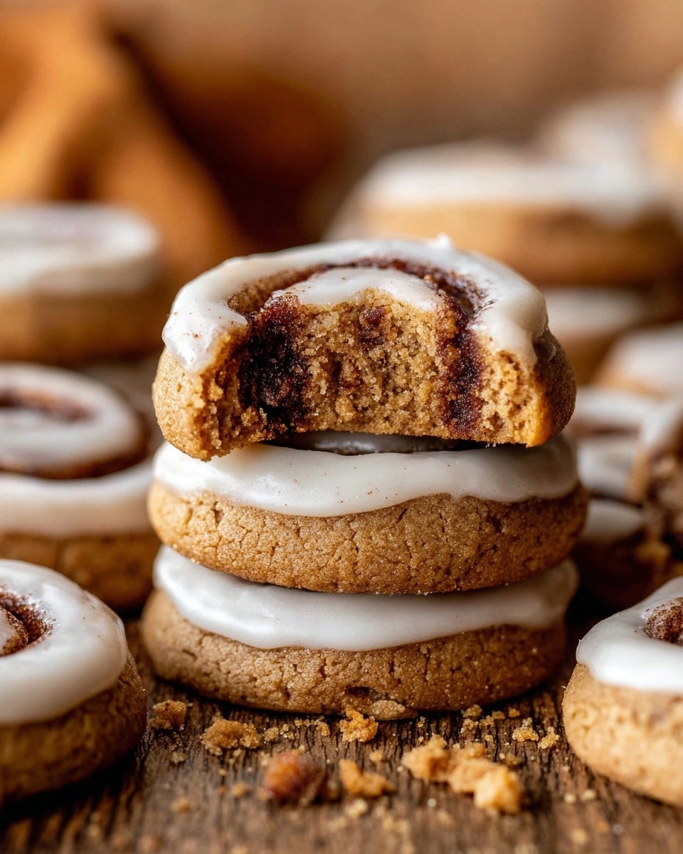 The image shows a stack of cinnamon roll cookies placed on a wooden surface with crumbs scattered around. The top cookie in the stack has a bite taken out of it, revealing a dense, brown cinnamon-sugar swirl inside. Each cookie has three visible layers: a light brown, slightly textured dough at the bottom, a dark brown cinnamon swirl in the middle, and a smooth, white icing layer spread unevenly on top. Surrounding the stack are more cinnamon roll cookies, some fully covered in white icing and others just showing the cinnamon swirl. The background is softly blurred with more cookies in warm brown tones. Photo taken with an iphone --ar 4:5 --v 7