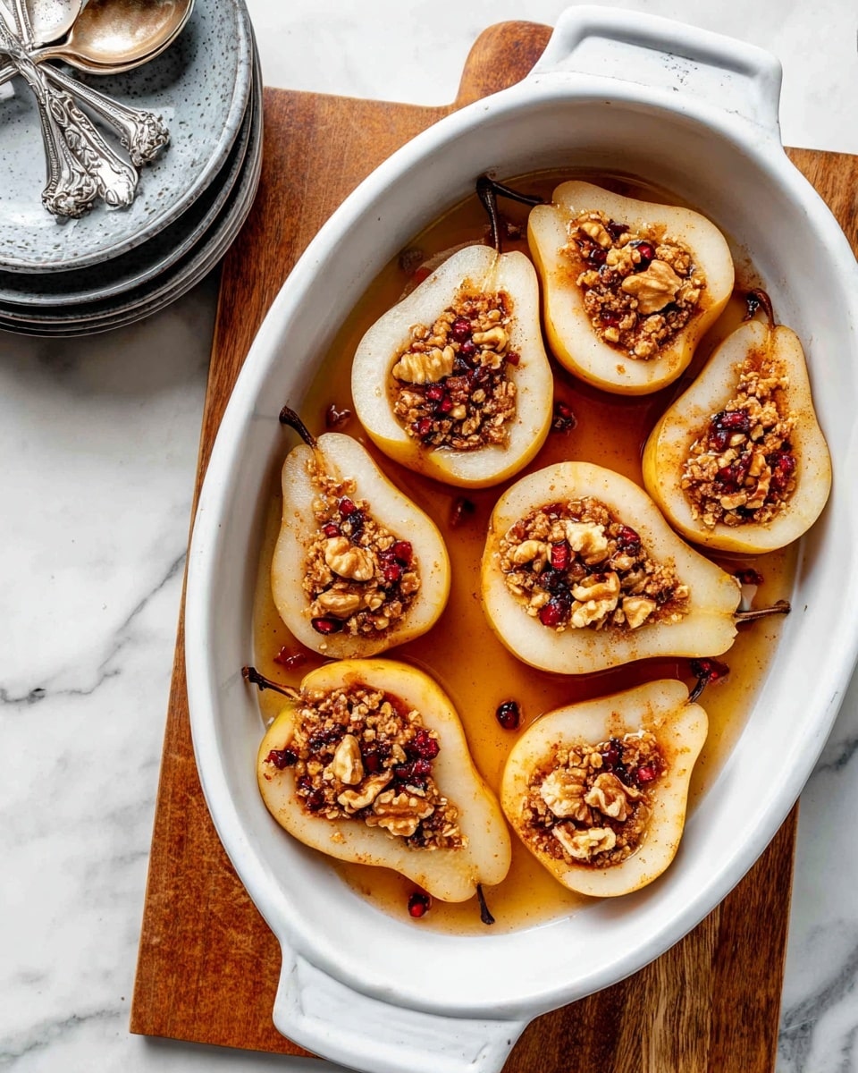 The image shows a white oval baking dish filled with eight halved pears arranged evenly inside. Each pear half has a hollowed core filled with a mix of granola, walnuts, and small red dried fruits, sprinkled with a light dusting of cinnamon. The pears have a soft, cooked texture with slightly browned edges, sitting in a light brown syrupy sauce that pools at the bottom of the dish. The baking dish is placed on a wooden cutting board, which rests on a white marbled surface. Nearby, there are two gray stacked plates and a small decorative dish holding an old silver spoon. photo taken with an iphone --ar 4:5 --v 7