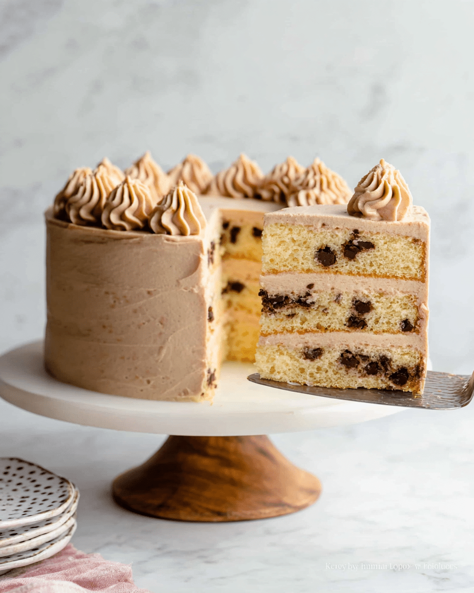 The image shows a three-layer cake with light yellow sponge containing chocolate chips inside each layer. Between the layers, there is light brown frosting, which also covers the outside smoothly with slight ridges. On top, there are decorative swirls and small peaks of the same frosting placed evenly around the edge. The cake is on a white plate with a wooden stand, and a silver cake server holds a slice of the cake. The background and surface have a white marbled texture. Photo taken with an iphone --ar 4:5 --v 7