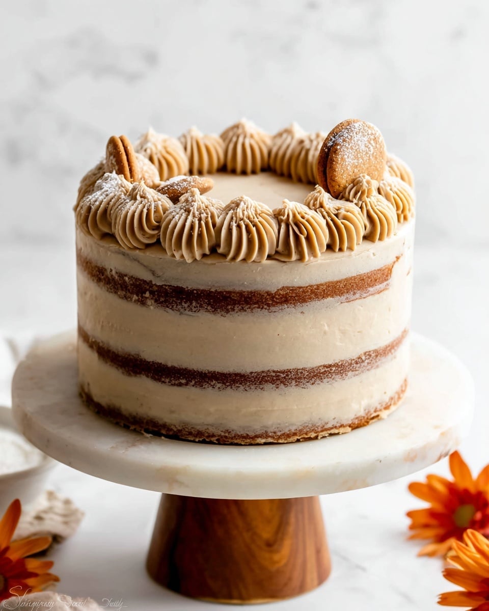 A three-layered cake sits on a white marble cake stand with a wooden base. The cake layers are light brown with smooth, light tan frosting between each layer and a thin coating of the same frosting all around the cake, giving it a semi-naked look. On top, there is a decorative ring of piped frosting in the same tan color, with thicker ridges forming a pattern around the edge. Inside this ring, there are smaller dollops of frosting, and in the center on top of the cake, there is a single small round cookie with a dusting of powdered sugar. The background is a white marbled texture with some orange flowers at the bottom right corner. Photo taken with an iphone --ar 4:5 --v 7