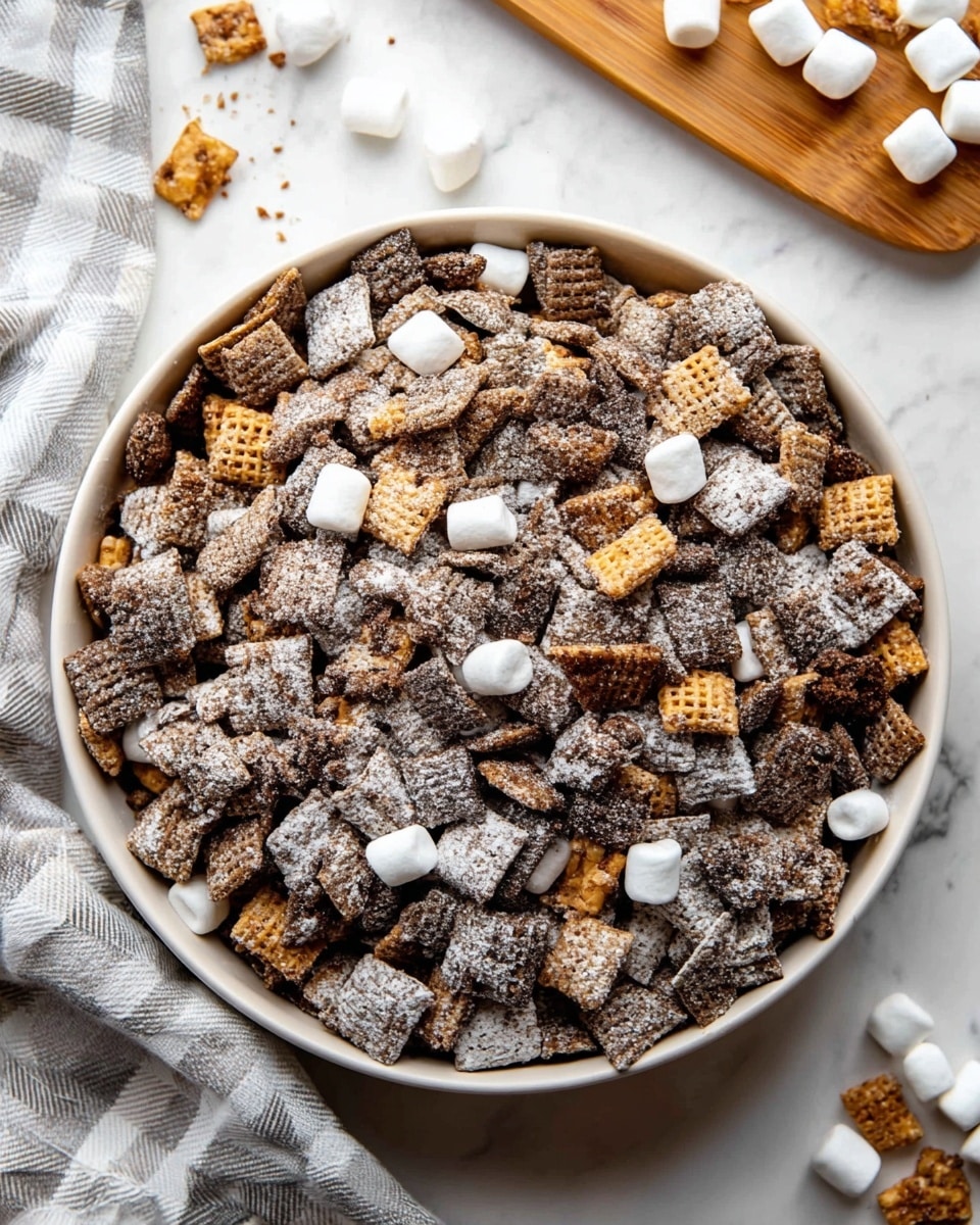 A large round white bowl is filled with a snack mix that has many small square pieces coated with a light white powder. The mix includes textures of crunchy pieces in dark brown and light brown colors, with some broken pieces showing a crumbly, rough texture inside. Scattered throughout the mix are small, soft white marshmallows that add contrast to the rough and powdery dry pieces. The bowl is placed on a white marbled surface with a light gray checkered cloth on the top left and some loose marshmallows on a wooden board on the top right. photo taken with an iphone --ar 4:5 --v 7
