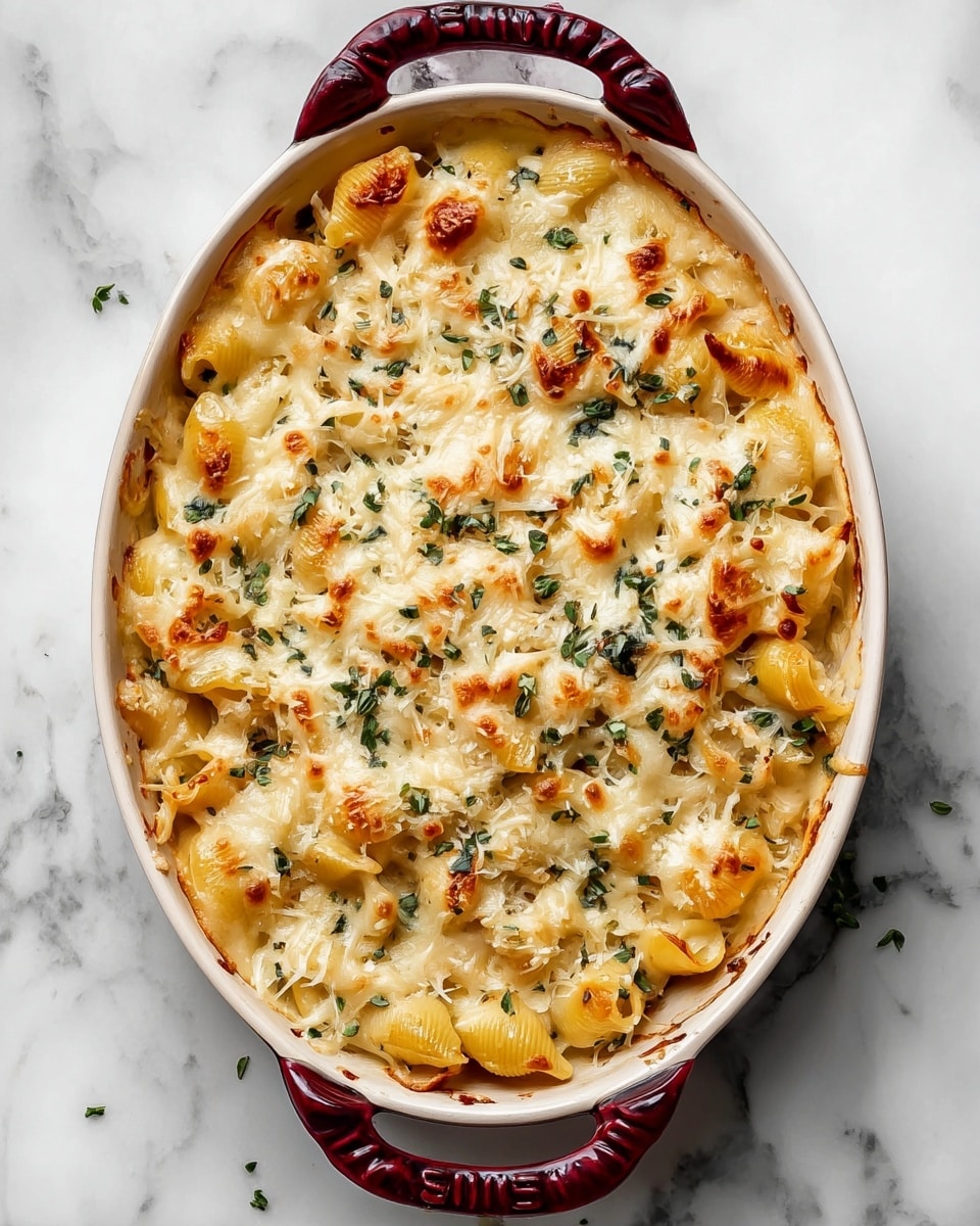 The image shows a baked pasta dish in a white oval baking dish with dark red handles and edges, set on a white marbled surface. The dish has a top layer of melted white and light yellow cheese, sprinkled with small green herbs and grated cheese bits, giving it a slightly textured and bubbly appearance. Underneath, there are golden creamy pasta shells mixed with visible pieces of green herbs. The overall look is creamy and rich with a slightly browned golden tint on the cheese. Photo taken with an iphone --ar 4:5 --v 7