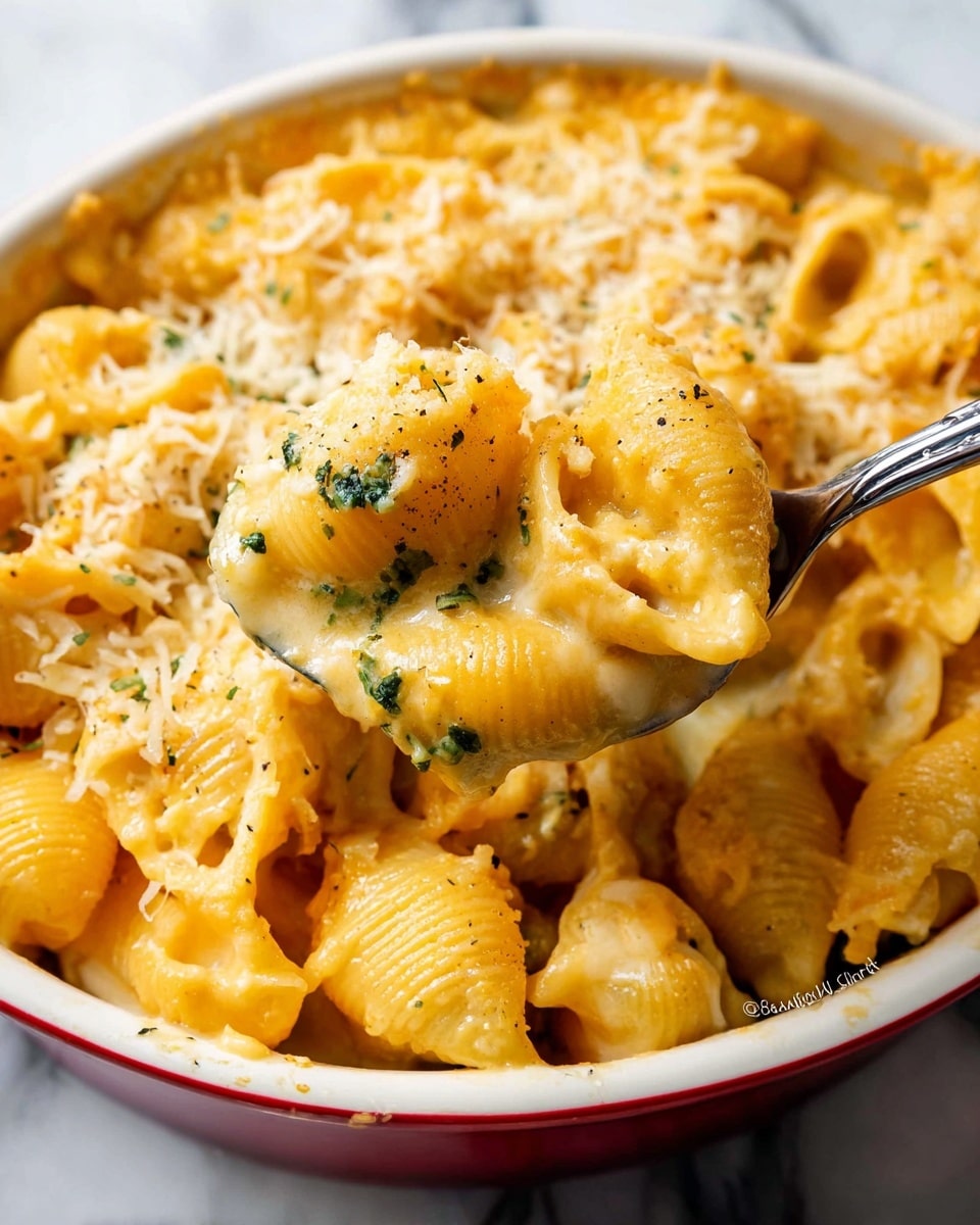 A close-up of creamy mac and cheese in a white dish with a red rim, showing the shell pasta coated with a golden-yellow cheese sauce. Some shells have a slightly gooey melted cheese texture with hints of green herbs inside. The pasta is topped with a sprinkle of shredded cheese and black pepper, giving it a textured, rich, and cheesy look. A metal spoon lifts a scoop of the pasta, highlighting the thick, smooth cheese sauce clinging to the shells. The dish is set against a white marbled surface. photo taken with an iphone --ar 4:5 --v 7