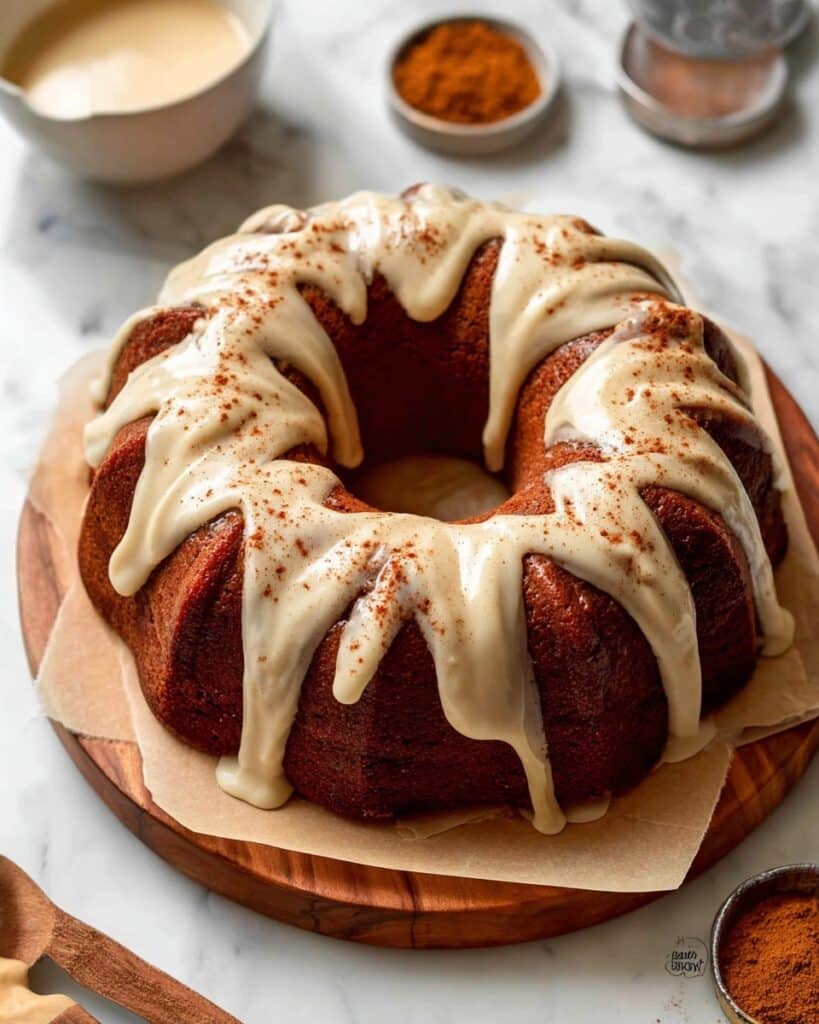 Pumpkin Bundt Cake with Chocolate Chips and Spiced Maple Icing Recipe