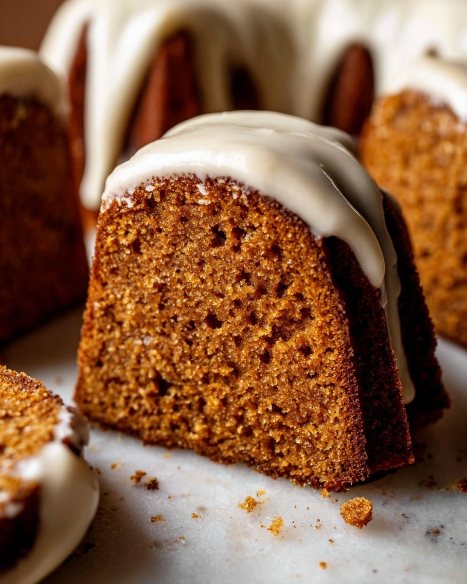 The image shows a close-up of a slice of brown bundt cake with a moist and crumbly texture, topped with a thick layer of creamy white icing that drips slightly onto the white marbled surface below. The cake slice is positioned upright, revealing the dense inside and the smooth icing coating on top and around the edges. In the background, more slices of the cake are visible, all sitting on the white marbled surface, and small crumbs are scattered near the slice. photo taken with an iphone --ar 4:5 --v 7