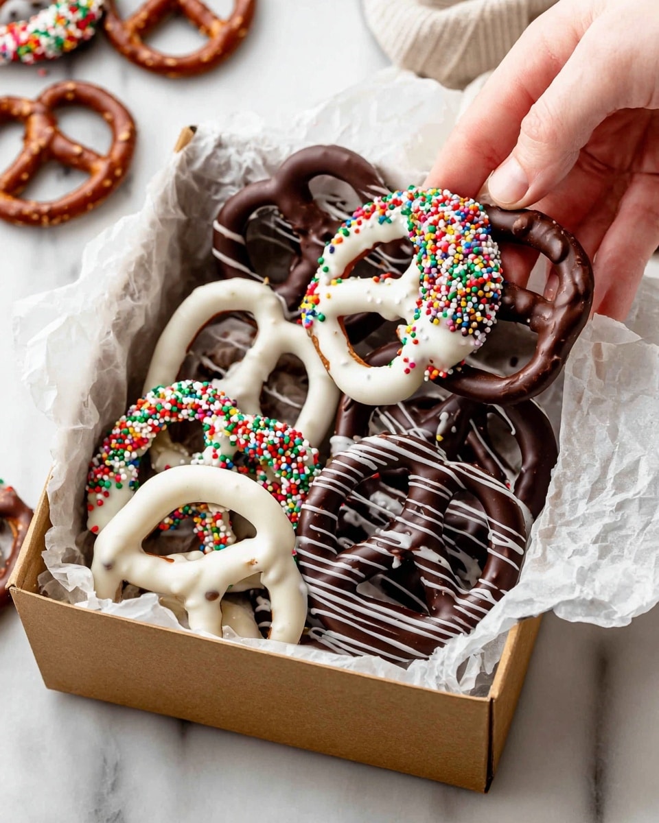 A small brown box lined with white parchment paper is filled with pretzels covered in white and dark chocolate. The pretzels are decorated with colorful round sprinkles, with some coated fully in white chocolate and others fully in dark chocolate with thin chocolate drizzle on top. A woman's hand is holding one large pretzel dipped in dark chocolate with chocolate stripes. The box sits on a white marbled surface, and some pretzels are spilled outside the box. photo taken with an iphone --ar 4:5 --v 7