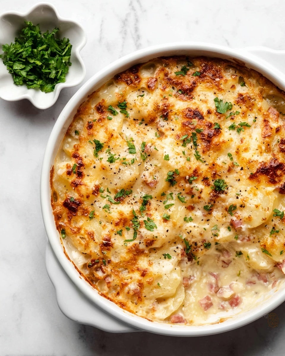A round white ceramic dish filled with a creamy casserole showing about two main layers: a thick golden-brown melted cheese and cream layer on top with scattered small green parsley bits and specks of black pepper, underneath slightly visible soft chunky pieces of white potatoes mixed with small bits of pink ham. The dish is set on a white marbled surface with a small white scalloped bowl of fresh green parsley leaves to the top left. photo taken with an iphone --ar 4:5 --v 7