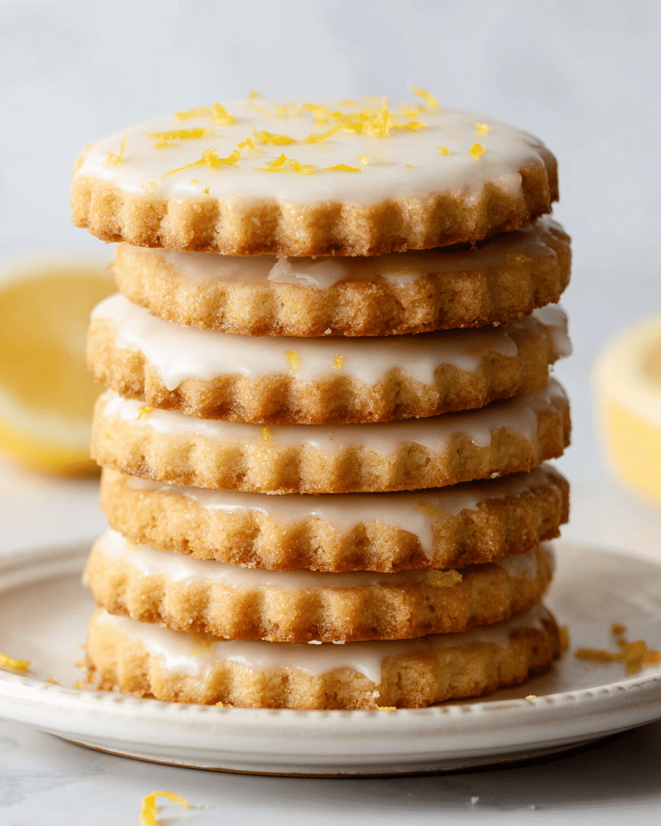 A stack of six round cookies with scalloped edges is shown, each cookie having a light golden brown color. The top of each cookie is covered with a smooth white icing layer that appears slightly glossy and thin, with small pieces of yellow zest scattered on top and some dripping slightly on the sides. The cookies are stacked vertically, resting on a white plate with a subtle raised edge. The background is a clean white marbled texture. A few small cookie crumbs and lemon wedges are faintly visible near the base of the stack. photo taken with an iphone --ar 4:5 --v 7