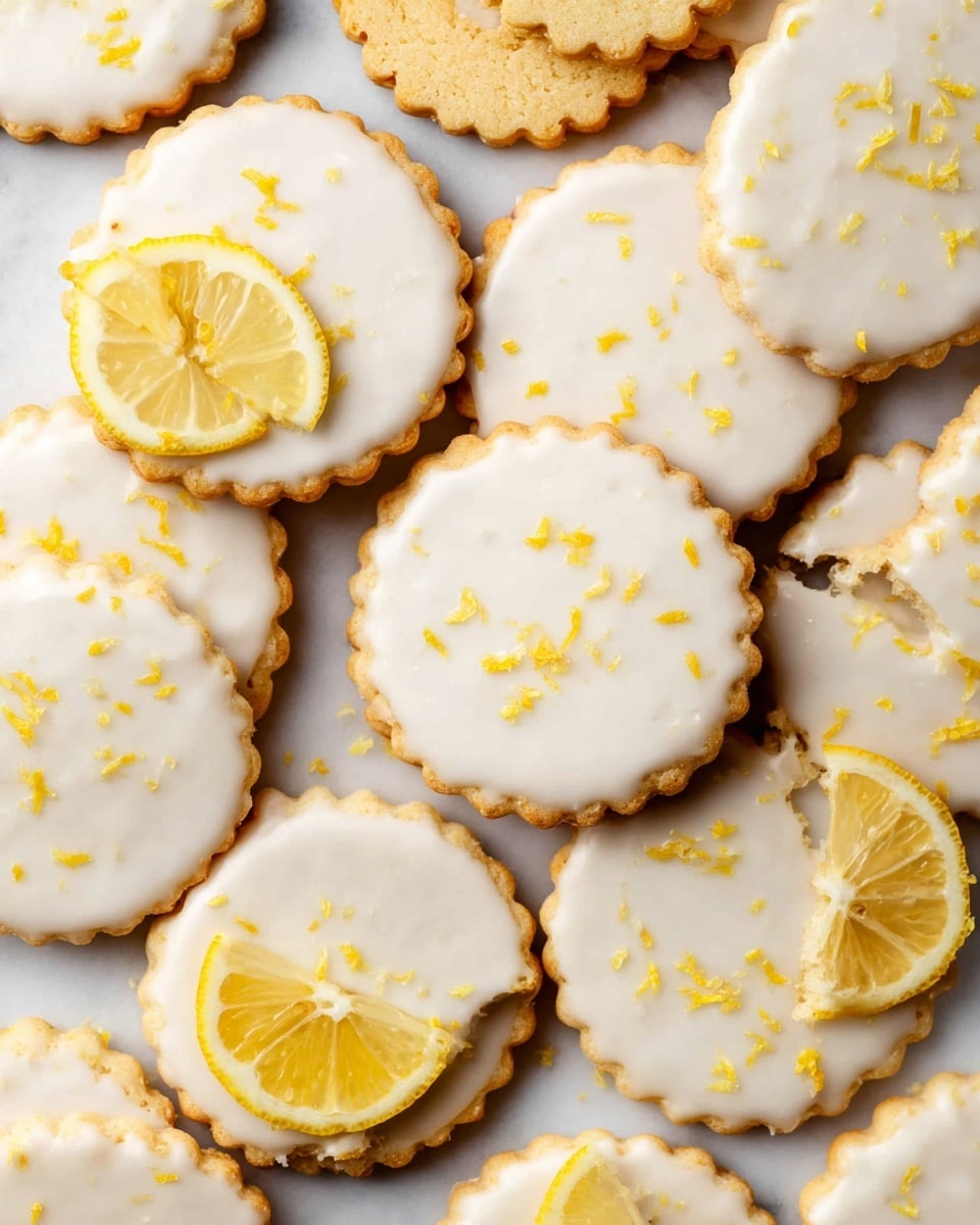 The image shows many round cookies with scalloped edges scattered on a white marbled surface. Each cookie has two layers: the bottom layer is a pale golden cookie base with a slightly grainy texture, and the top layer is a smooth white icing that covers the entire surface of the cookie. Small yellow lemon zest bits are sprinkled across the icing, adding color contrast. One cookie is plain without icing, topped with a small lemon wedge slice. Another cookie shows a bite taken out of it, revealing the cookie's thickness and texture. Photo taken with an iphone --ar 4:5 --v 7