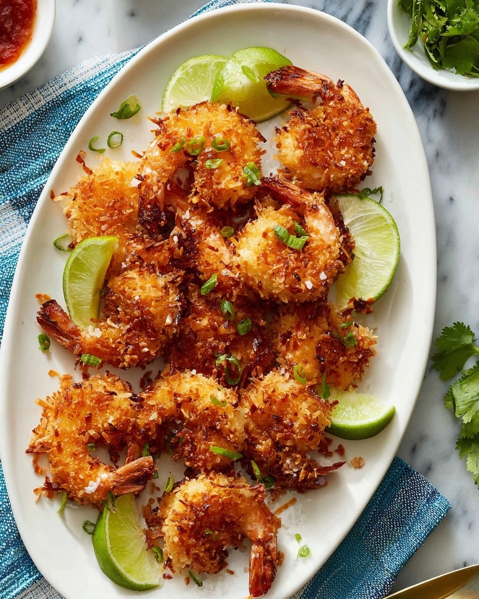 A white oval plate holds about a dozen golden-brown coconut shrimp arranged in a loose pile. Each shrimp has a crispy, textured coating made of toasted coconut flakes that give a rough, crunchy look. Bright green lime wedges are placed around the shrimp, adding a fresh contrast. Small green herb pieces, likely cilantro or green onions, are sprinkled lightly over the shrimp for a touch of color. The plate is set on a white marbled textured surface with a blue and white striped cloth partially visible nearby. Near the plate’s edge, there are hints of a small white dish with red sauce and a bowl of fresh green herbs. Photo taken with an iphone --ar 4:5 --v 7