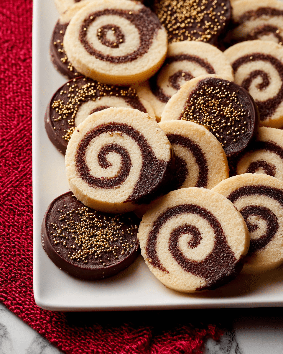 The image shows a white rectangular plate filled with spiral cookies that have two layers: a light beige outer dough and a dark brown inner dough twisted together to form a swirl pattern. Some cookies are half dipped in dark chocolate and sprinkled with small golden sugar crystals on the chocolate part. The plate sits on a red textured cloth with a white marbled surface visible around it. The cookies are closely packed, almost overlapping, showing their smooth texture and crisp edges. photo taken with an iphone --ar 4:5 --v 7