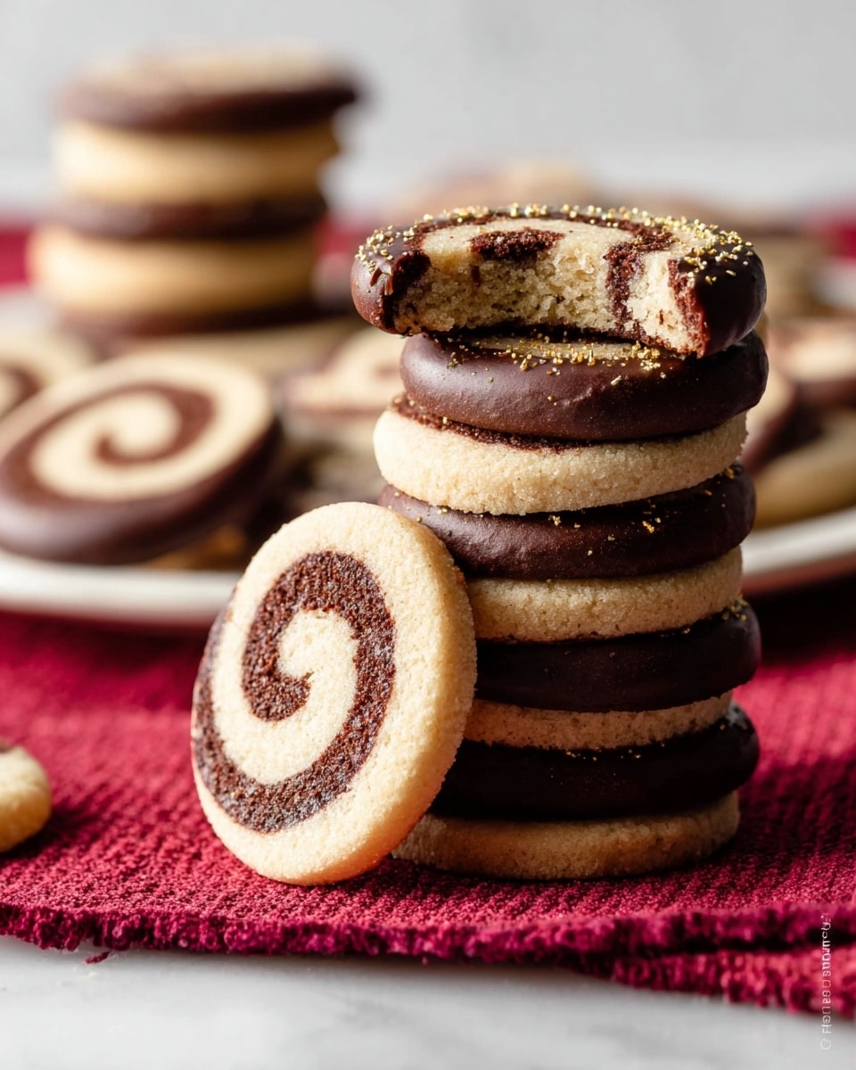 A stack of eight round pinwheel cookies sits on a soft red cloth over a white marbled surface, each cookie featuring two swirling layers: a light beige outer layer and a dark brown inner layer. The top cookie of the leaning stack is partially dipped in glossy dark chocolate and sprinkled with small golden flakes, with a bite taken out, showing the textured cookie inside. In the background, blurred pinwheel cookies lie flat on a white plate, emphasizing the sharp focus on the front stack. photo taken with an iphone --ar 4:5 --v 7