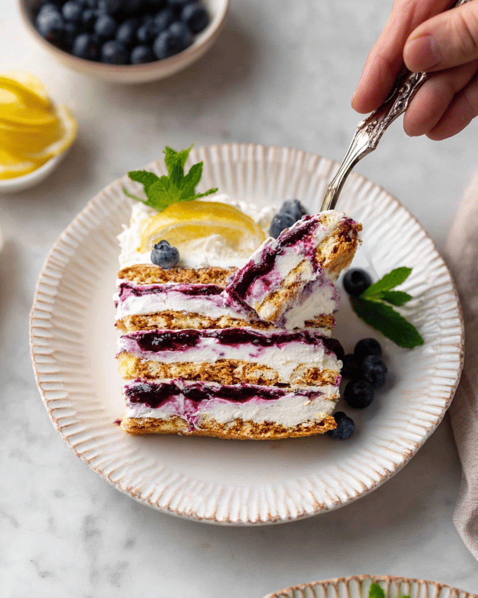 A slice of layered dessert is shown on a white plate with a detailed rim. The dessert has five visible layers of crunchy golden crackers evenly spaced with four creamy white layers in between filled with thick, dark purple berry sauce. The top layer is white cream with some berry sauce swirled on top. A thin lemon wedge and two fresh blueberries rest on the side of the slice, along with a small green mint leaf for decoration. A woman's hand with a fork is lifting a bite-sized piece of the dessert from the plate. In the corner, part of a bowl with fresh blueberries and a small dish with green mint leaves are visible, all sitting on a white marbled textured surface. photo taken with an iphone --ar 4:5 --v 7