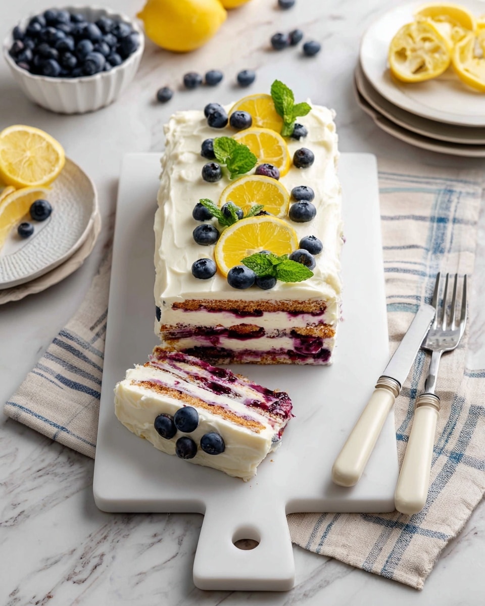 A rectangular layered dessert sits on a white rectangular serving board with a handle, placed on a white marbled surface. The dessert has five visible layers alternating between cream-colored frosting and dark purple berry filling with thin brown biscuit or cake layers in between. The whole dessert is covered with smooth white frosting on top. The top is decorated with fresh blueberries, citrus yellow lemon slices, and bright green mint leaves scattered evenly. One slice of the dessert is cut and placed near the top of the board, showing the layered inside clearly. To the right of the board, there are two forks with white handles resting on a beige and blue striped cloth. In the background, there are white bowls with blueberries and lemon slices. Photo taken with an iphone --ar 4:5 --v 7