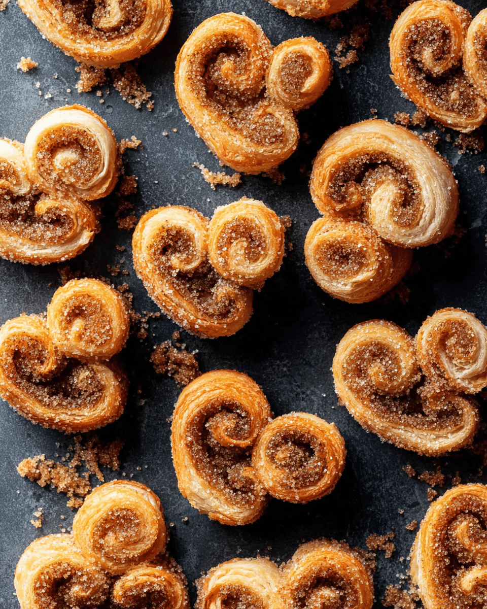 The image shows many small cinnamon sugar palmiers arranged closely together on a dark surface replaced by white marbled texture. Each palmier is heart-shaped with two rounded swirls meeting in the center, made from flaky, golden brown puff pastry rolled with a layer of dark cinnamon sugar filling. The outer edges have a sugary crystal coating, giving a slightly rough look contrasting with the smooth pastry layers. Some crumbs are scattered around the palmiers, adding to the fresh-baked feel. There are no plates or bowls visible. photo taken with an iphone --ar 4:5 --v 7