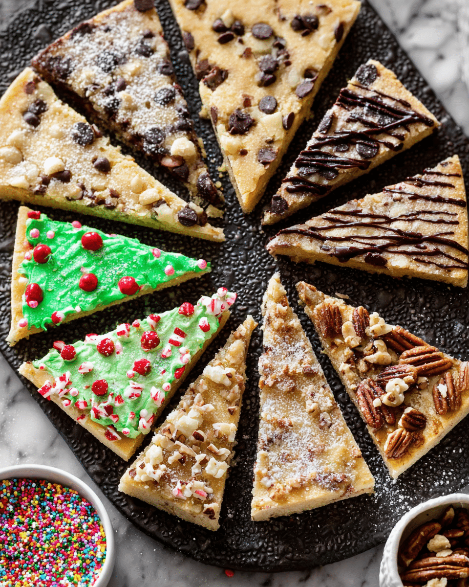 A variety of cookie slices arranged on a textured dark serving tray set on a white marbled surface, each slice with a distinct topping and texture: some have a light golden base with scattered mini chocolate chips, others are sprinkled with coarse sugar crystals; a few are drizzled with dark chocolate and topped with crushed peppermint candy, while two slices are decorated with green frosting piped in small star shapes and red round sprinkles resembling Christmas trees; one slice is topped with chopped pecans and a dusting of sugar; a white bowl filled with colorful rainbow sprinkles is partially visible on the side. The shapes are mostly triangular, and the arrangement is colorful and festive. photo taken with an iphone --ar 4:5 --v 7