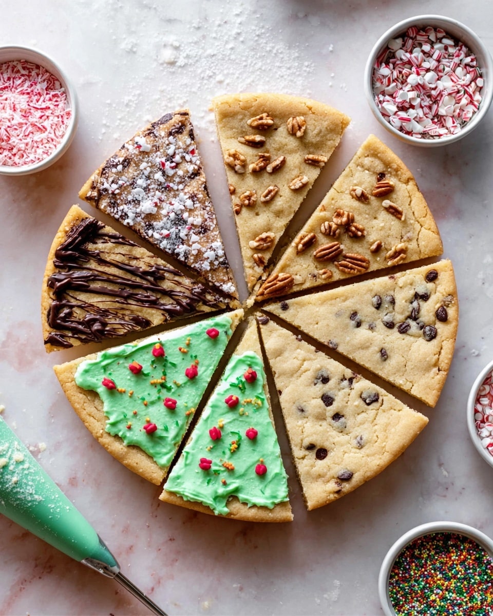 A round cookie cake cut into eight slices sits on a white marbled surface. Starting from the top and moving clockwise, the first slice is a light golden cookie sprinkled with coarse sugar crystals. The second slice is the same but decorated with chocolate drizzle and small crushed peppermint candy pieces. The third slice is again a light golden cookie sprinkled with coarse sugar but with some pecans scattered on top. The fourth slice features green frosting piped in small star shapes with tiny red dot decorations, resembling a Christmas tree. The fifth slice is a plain golden cookie sprinkled with coarse sugar. The sixth slice has small chocolate chips embedded in the cookie. The seventh slice is a light golden cookie with colorful sprinkles scattered on top. A piping bag with green frosting and small bowls with colorful sprinkles and crushed peppermint candies surround the cookie cake. photo taken with an iphone --ar 4:5 --v 7