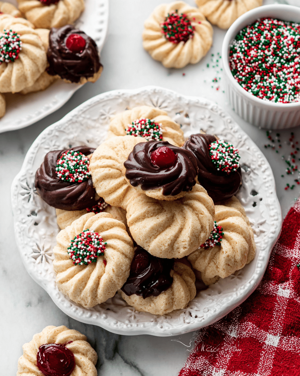 A white plate with a snowflake pattern holds a pile of round Danish butter cookies, mostly beige with a textured swirled top. Some cookies are half dipped in dark chocolate coated with red, green, and white sprinkles, while others have colorful sprinkles scattered on top. Two cookies have a red cherry center visible underneath the swirl. Next to the plate, there is a small white bowl filled with more red, green, and white sprinkles on a white marbled surface. Additional cookies are placed around the plate, and a red checked cloth is partially visible in the lower right corner. photo taken with an iphone --ar 4:5 --v 7