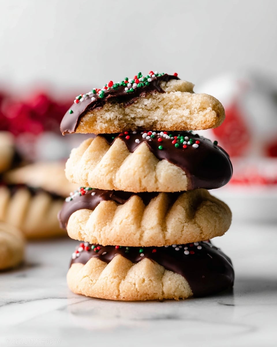 A stack of five light golden cookies with a wavy, ridged texture and dipped in smooth dark chocolate on one edge, topped with small red, green, and white round sprinkles on the top cookie. The top cookie is broken in half, showing a soft, crumbly inside with a light beige color. The cookies are placed on a white marbled surface, and the background is softly blurred with white and hints of red. photo taken with an iphone --ar 4:5 --v 7