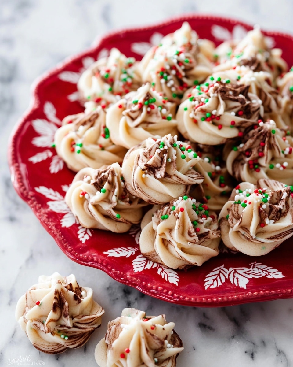 A red plate full of small, swirled cookies with a light tan color and chocolate streaks twisted through them. Each cookie has a piped, ruffled texture with a pointed top, decorated with small round red, green, and white sprinkles scattered over the surface. Two cookies sit outside the plate on a white marbled surface, showing their fluffy, delicate shapes. The plate has white leafy designs around the edges, contrasting with the red. photo taken with an iphone --ar 4:5 --v 7