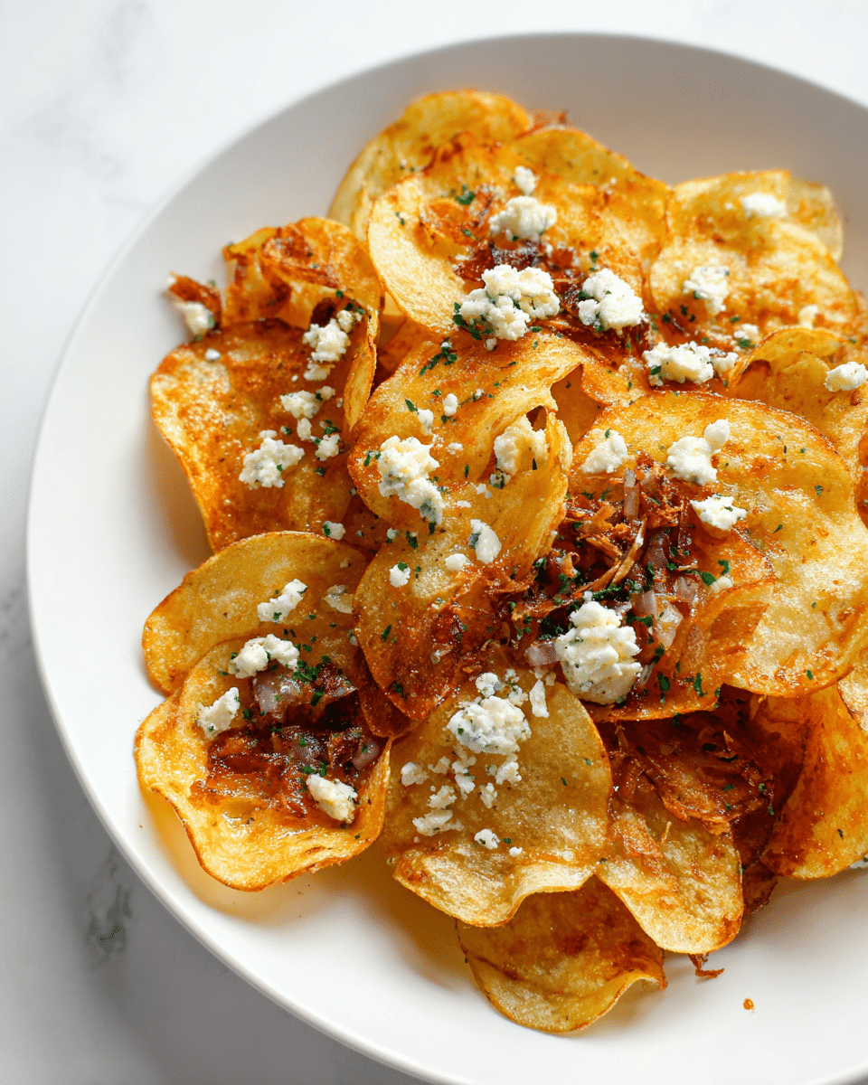 A white speckled bowl filled with several layers of thin, crispy potato chips that have a golden brown color with an orange-red spice dusted all over. On top of the chips, there is a generous sprinkle of finely chopped green herbs and small shreds of white cheese, creating a textured and colorful contrast. The chips look crunchy with some curled edges and are piled slightly high in the bowl, sitting on a white marbled surface. Photo taken with an iphone --ar 4:5 --v 7