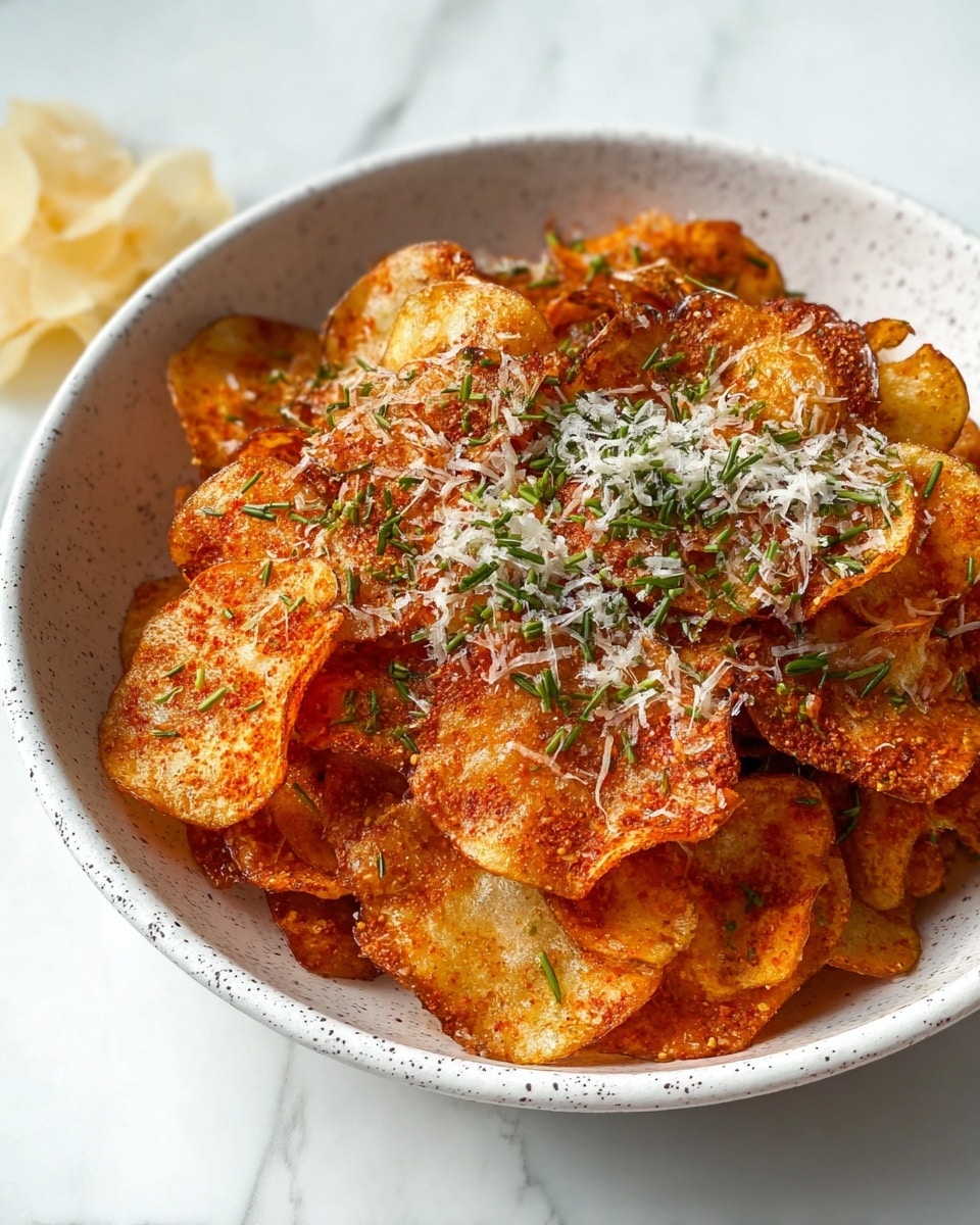 The image shows a white shallow bowl filled with crispy potato chips as the base layer, golden yellow with specks of red seasoning adding a rough texture. On top of the chips, there is a thin layer of finely grated white cheese, scattered unevenly. Lastly, small pieces of chopped green herbs are sprinkled over the entire dish, adding a fresh touch to the colors. The bowl is placed on a white marbled surface with some green plants blurred in the background. photo taken with an iphone --ar 4:5 --v 7