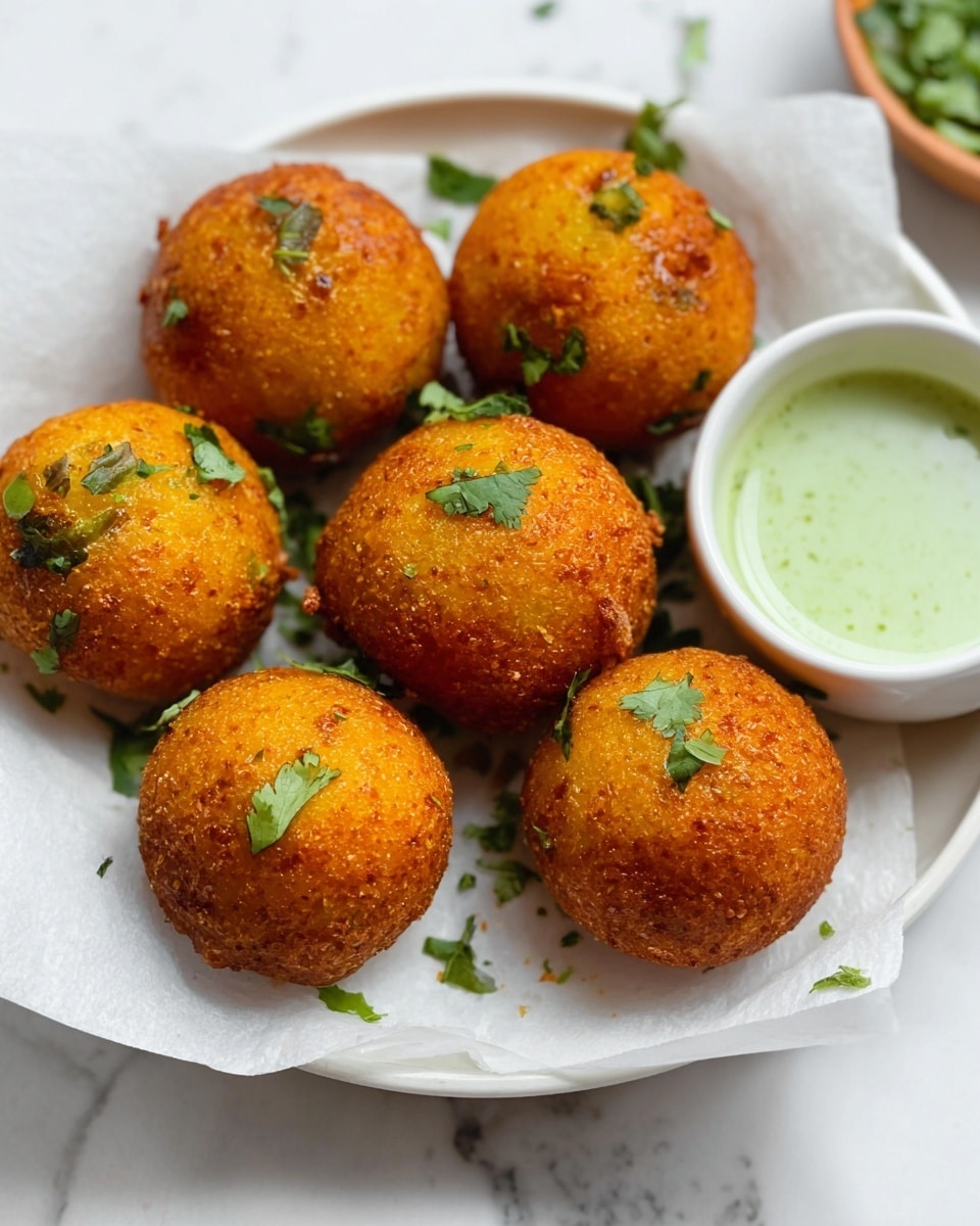 The image shows a white plate filled with seven round, golden-brown fried balls that have a crispy texture. Each ball is topped with small pieces of fresh green herbs. The balls are placed on a white paper lining the plate. To the side of the plate, there is a small white bowl with a pale green sauce inside. The background surface is a white marbled texture. Photo taken with an iphone --ar 4:5 --v 7