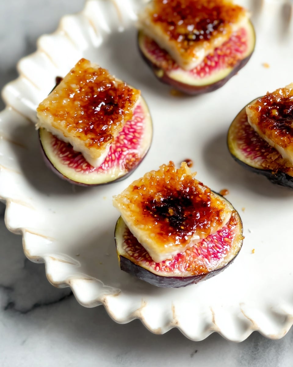 The image shows four small appetizers arranged on a white scalloped plate set on a white marbled surface. Each appetizer has two layers: the bottom layer is a round slice of fresh fig, showing pink and white seeds with dark purple edges, and the top layer is a small rectangular piece of golden-brown brûléed cheese with a shiny, caramelized crust that has some darker charred spots. The textures contrast between the soft, juicy fig and the crispy, glazed cheese. Photo taken with an iphone --ar 4:5 --v 7