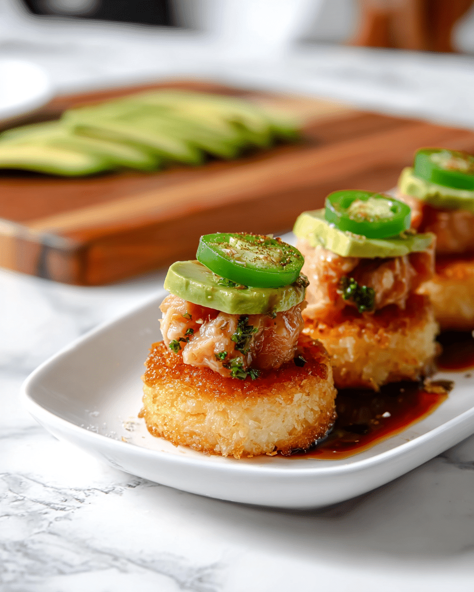 The dish shows small stacks on a white plate, each with three main layers; the bottom layer is a golden brown, crispy rice cake, the middle layer consists of two small, light orange, chunky pieces of spicy tuna with visible green herbs, and the top layer is a slice of bright green avocado topped with a thin slice of fresh green jalapeño pepper. A dark sauce is drizzled lightly over the stacks, adding shine to the tuna and some pooling on the white plate. The background has a white marbled texture with a blurred wooden cutting board that holds some sliced avocado. photo taken with an iphone --ar 4:5 --v 7