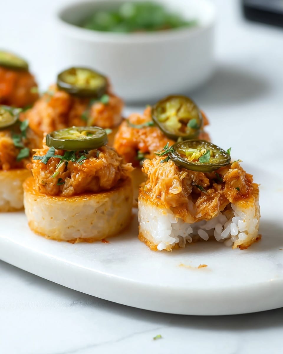 The image shows several small round sushi bites on a white plate with a white marbled surface underneath. Each sushi bite has two main layers: the bottom layer is compact white rice with a slightly crispy golden-brown edge, and the top layer is a chunky, orange-colored mix with a glossy texture, likely seasoned fish or seafood, garnished with a slice of green chili and a small piece of avocado or herb. One sushi bite in the front is partially bitten, revealing the white rice inside and the moist topping outside. In the background, a white bowl with green herbs is slightly blurred. Photo taken with an iphone --ar 4:5 --v 7