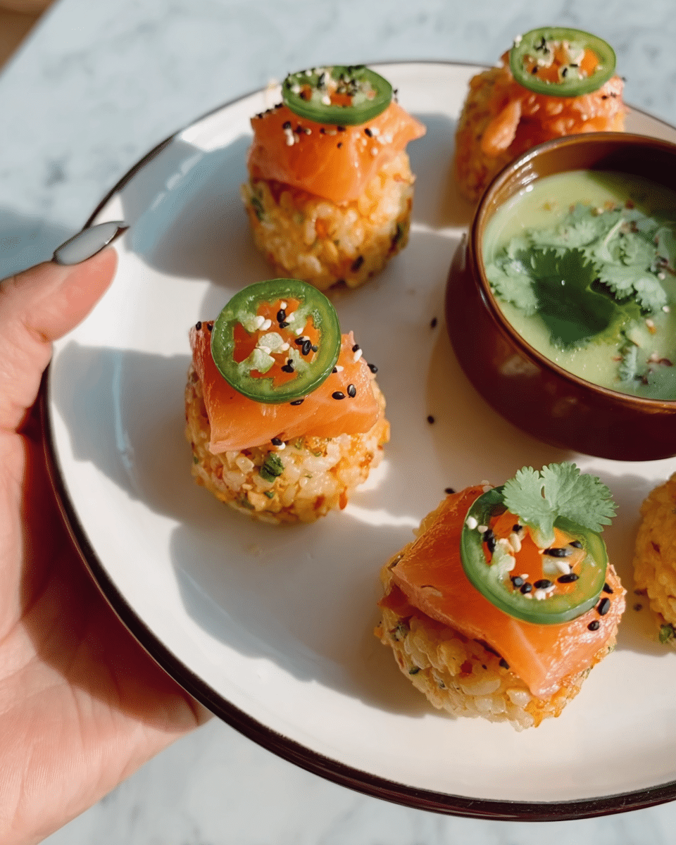 The image shows four small layered rice balls arranged on a white plate with a dark rim, set on a white marbled surface. Each ball has at least two layers: the bottom layer is a textured, light orange rice mixed with small bits of green herbs, while the top layer is a smooth slice of bright orange salmon wrapped around the rice, adorned with a thin round slice of green jalapeño and sprinkled with small black sesame seeds. The plate also holds a brown bowl filled with a green sauce garnished with fresh cilantro leaves. A woman's hand is holding the plate on the left side. photo taken with an iphone --ar 4:5 --v 7