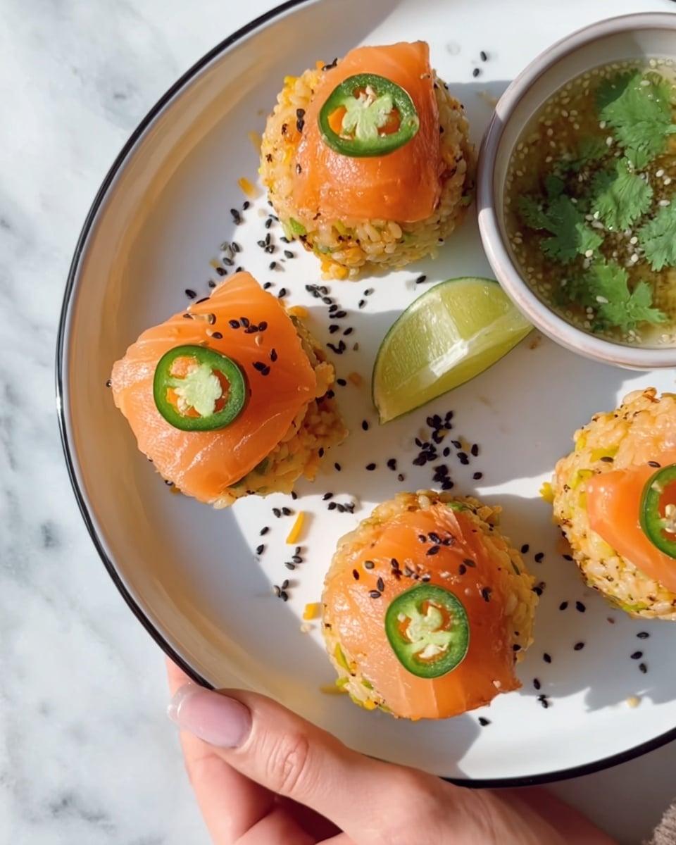 Four round sushi balls sit on a white plate with a thin black rim, placed on a white marbled surface. Each sushi ball has a base layer of light orange rice mixed with small bits of green and yellow, topped with a smooth, translucent slice of bright orange salmon wrapped around the top half. A small green jalapeño slice with visible seeds rests on each salmon layer. Black sesame seeds are sprinkled on the salmon and scattered around the plate. On the right side of the plate, there is a small bowl filled with a green sauce garnished with cilantro leaves. A woman's hand holds the edge of the plate. photo taken with an iphone --ar 4:5 --v 7
