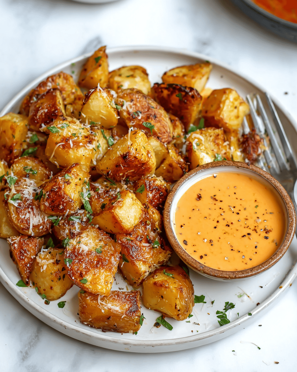 The image shows a white plate filled with golden-brown, crispy roasted potato chunks, sprinkled with grated cheese and fresh green herbs. The potatoes have a crunchy texture on the outside and a soft inside, unevenly shaped but roughly bite-sized. On the right side of the plate is a small round bowl with creamy orange dipping sauce speckled with black pepper. The plate is placed on a white marbled surface, with a fork partially visible near the bowl of sauce. Photo taken with an iphone --ar 4:5 --v 7