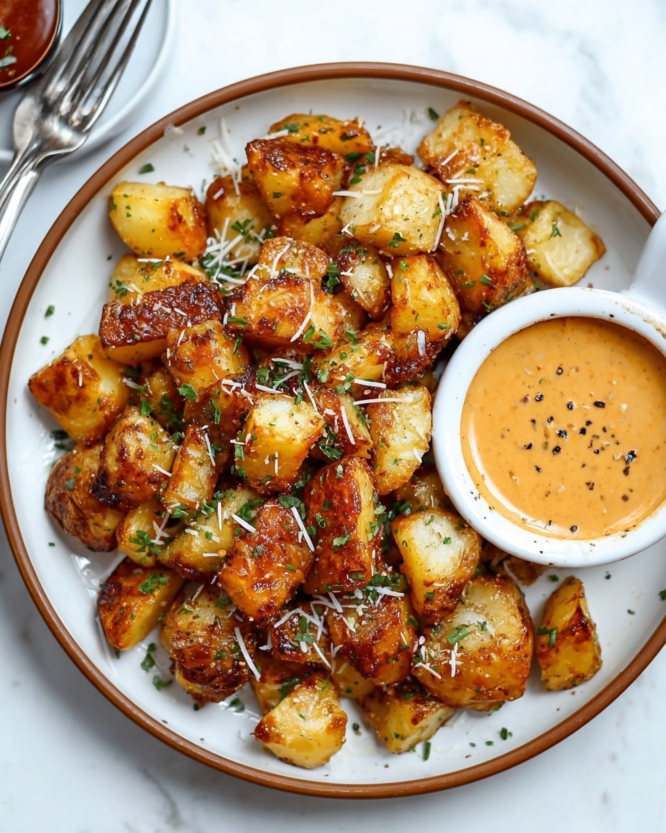 A white plate with a light brown rim holds a heap of crispy roasted potato chunks, each piece golden brown with some darker crusts, sprinkled with green chopped herbs and fine white cheese shreds. On the right side of the plate, there is a small round white bowl filled with a creamy, light orange dipping sauce that has black pepper flecks scattered on top. The plate sits on a white marbled surface with a fork partially visible near the bowl. photo taken with an iphone --ar 4:5 --v 7