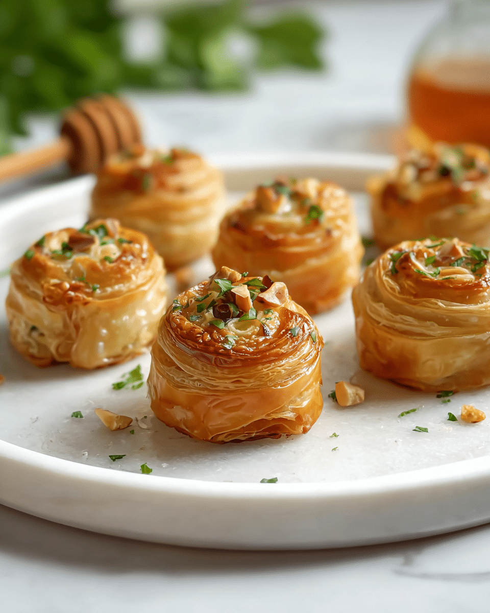 The image shows several small, round pastry rolls neatly placed on a white plate with a white marbled surface beneath. Each roll is made of multiple thin, crispy layers of golden-brown pastry dough gently folded around a creamy, light filling. The top of each roll is garnished with finely chopped green herbs and small pieces of nuts, adding a touch of color and texture contrast. The pastries have a slightly shiny finish, showing they are baked to a perfect crispiness, and are arranged evenly on the plate. In the background, blurred green leaves and a honey dipper hint at natural and sweet flavors. photo taken with an iphone --ar 4:5 --v 7