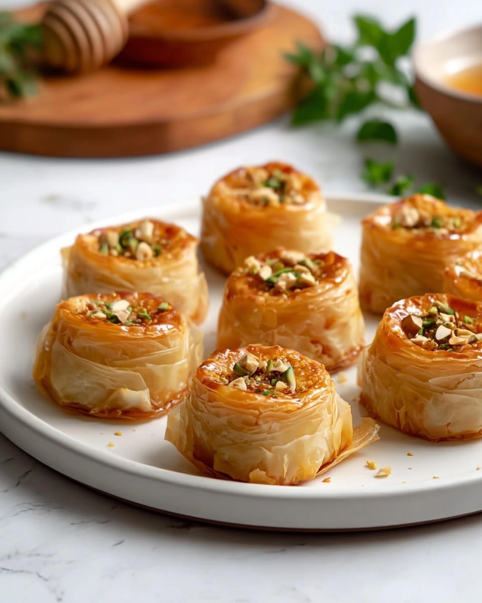 The image shows six round, golden-brown pastries arranged neatly on a white plate, each with multiple thin, crispy layers visible on the side. The top layer is lightly browned with a slightly shiny finish, topped with small pieces of chopped nuts and a sprinkle of green herbs. The pastries have a delicate, flaky texture with some edges curling outwards. The background includes a blurred wooden board, a bowl with a honey dipper, and some green leaves, all resting on a white marbled surface. photo taken with an iphone --ar 4:5 --v 7